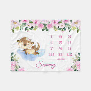 Cute Otter Baby Girl Monthly Milestone Growth Baby Fleece Blanket