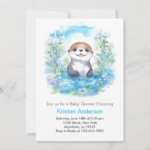 Cute Otter Blue Floral Boy Baby Shower Invitation