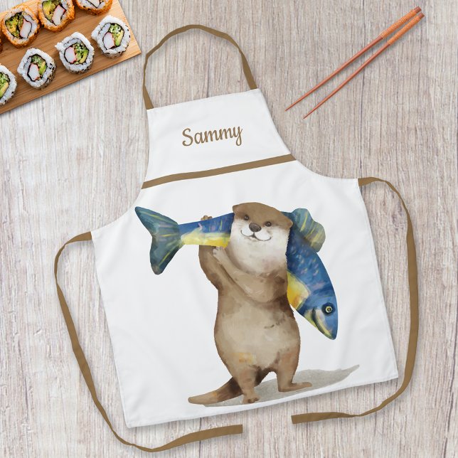 Cute Otter Carrying Fish Monogrammed Apron (Creator Uploaded)