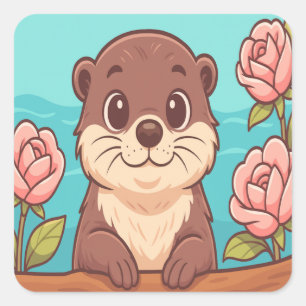 Cute Otter Cartoon with Roses and Water Scene Square Sticker