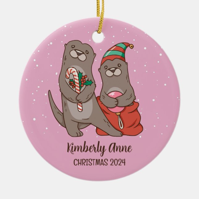 Cute Otter Christmas Animal Snow Winter Holiday Ceramic Ornament (Front)