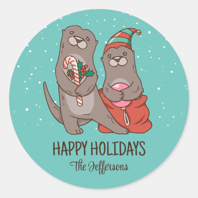 Cute Otter Christmas Animal Snowy Winter Holiday Classic Round Sticker (Front)