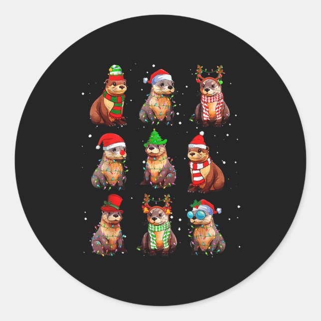 Cute Otter Christmas Pajama Funny Xmas Lights Anim Classic Round Sticker (Front)