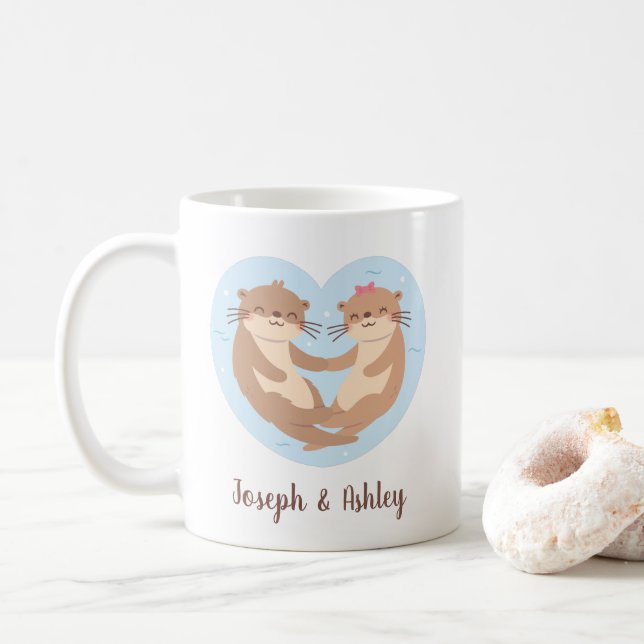 Cute Otter Couple Holding Hands Personalised Coffee Mug (With Donut)