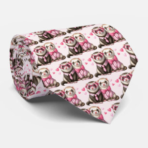 Cute Otter Couple in Love Valentine's Day Pattern Tie