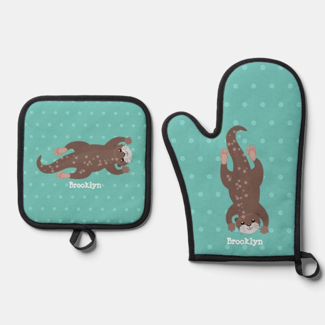 Cute otter diving cartoon illustration oven mitt & pot holder set (Front)