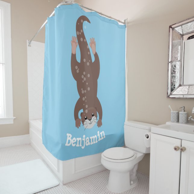 Cute otter diving cartoon illustration shower curtain (In Situ)