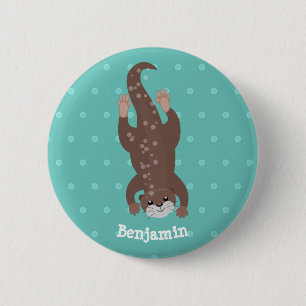 Cute otter diving on teal cartoon illustration 6 cm round badge