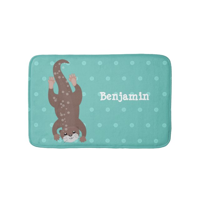 Cute otter diving on teal cartoon illustration bath mat (Front)