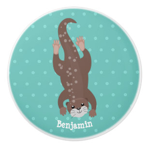 Cute otter diving on teal cartoon illustration ceramic knob