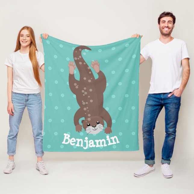 Cute otter diving on teal cartoon illustration fleece blanket (In Situ)