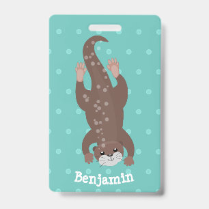 Cute otter diving on teal cartoon illustration ID badge