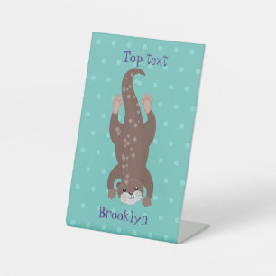 Cute otter diving on teal cartoon illustration pedestal sign