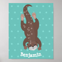 Cute otter diving on teal cartoon illustration