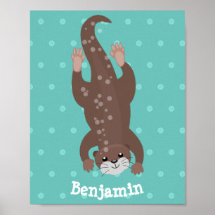 Cute otter diving on teal cartoon illustration poster