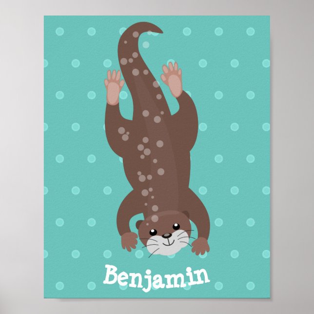 Cute otter diving on teal cartoon illustration poster (Front)