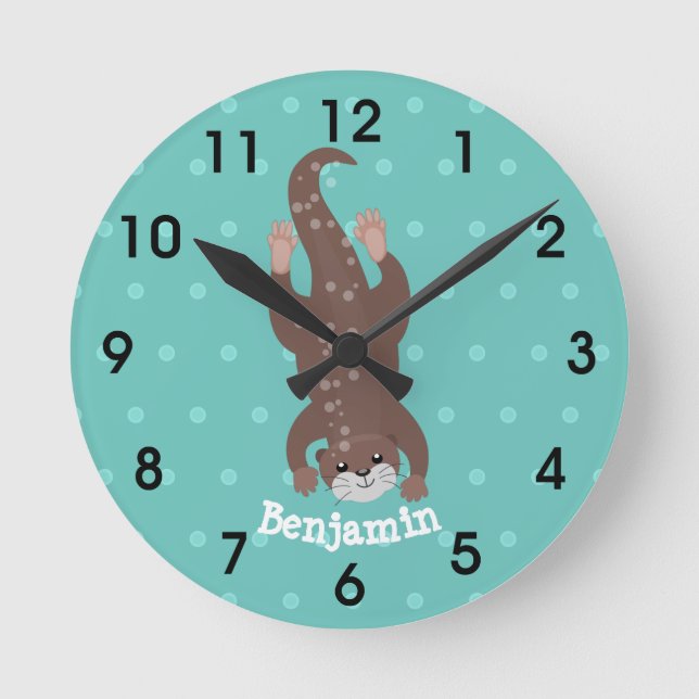Cute otter diving on teal cartoon illustration round clock (Front)