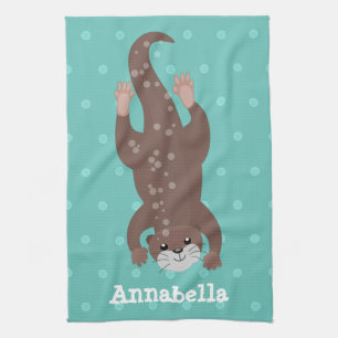 Cute otter diving on teal cartoon illustration tea towel