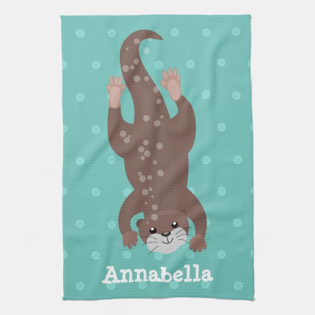 Cute otter diving on teal cartoon illustration tea towel (Vertical)