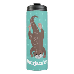 Cute otter diving on teal cartoon illustration thermal tumbler