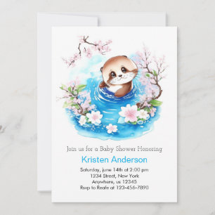 Cute Otter Enchanted Blue Floral Boy Baby Shower Invitation