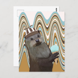 Cute Otter Holding Ice-cream On Swirl Background Postcard