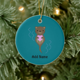 Cute Otter Hugging a Pink Heart Ceramic Ornament