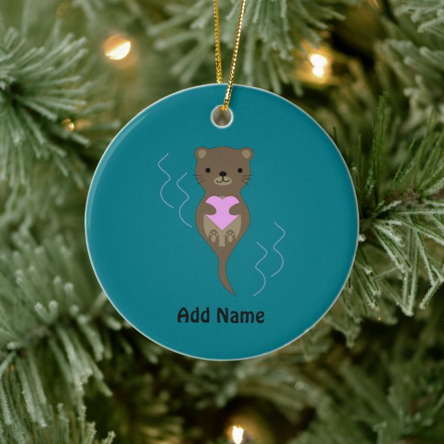 Cute Otter Hugging a Pink Heart Ceramic Ornament (Tree)