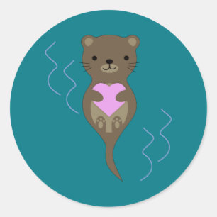 Cute Otter Hugging a Pink Heart Classic Round Sticker