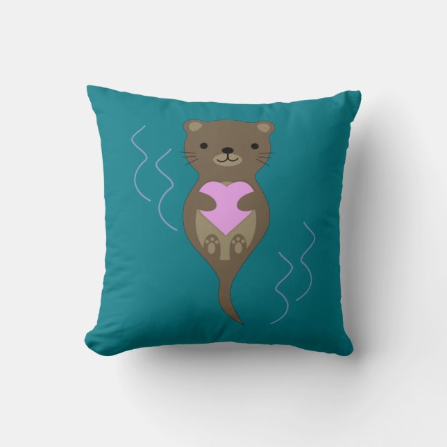 Cute Otter Hugging a Pink Heart Cushion (Front)