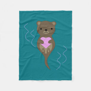 Cute Otter Hugging a Pink Heart Fleece Blanket