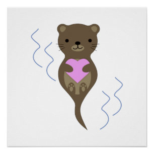 Cute Otter Hugging a Pink Heart Poster