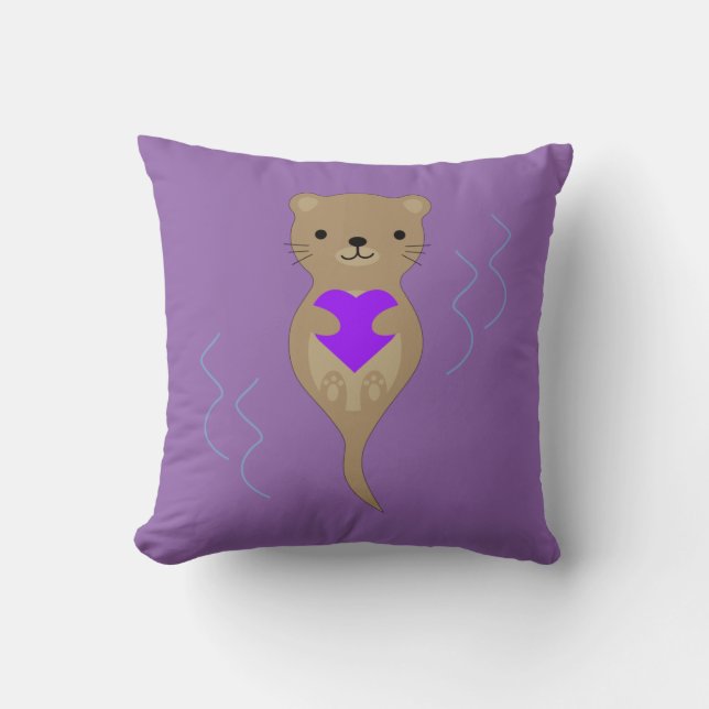 Cute Otter Hugging a Purple Heart Cushion (Front)