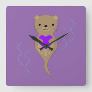 Cute Otter Hugging a Purple Heart Square Wall Clock