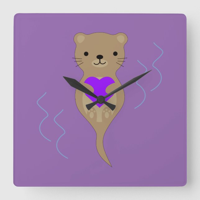 Cute Otter Hugging a Purple Heart Square Wall Clock (Front)
