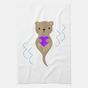 Cute Otter Hugging a Purple Heart Tea Towel