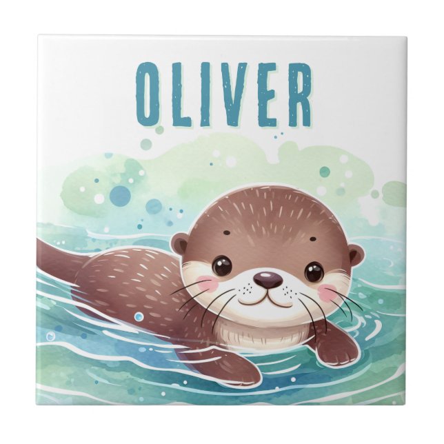 Cute Otter Illustration Custom Name Ceramic Tile (Front)