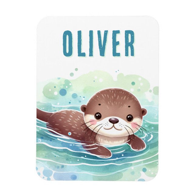 Cute Otter Illustration Custom Name Magnet (Vertical)