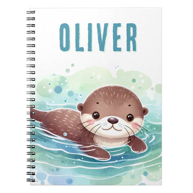 Cute Otter Illustration Custom Name Notebook (Front)