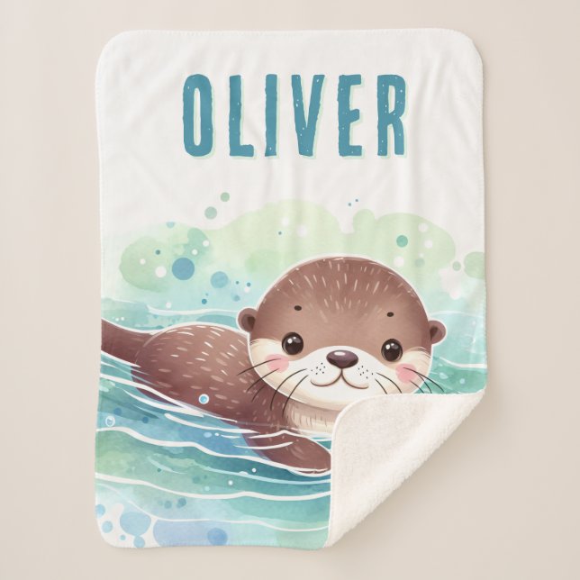 Cute Otter Illustration Custom Name Sherpa Blanket (Front)