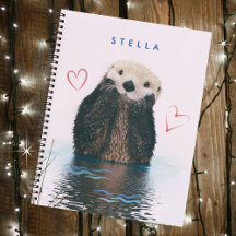 Cute Otter in Pond with Pink Background and Hearts