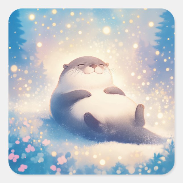 Cute Otter Lying in Snow Under Crescent Moon Square Sticker (Front)