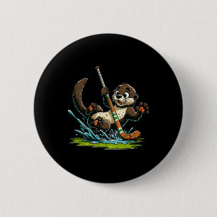Cute Otter Playing Hockey Splashing On Pond Rink 6 Cm Round Badge