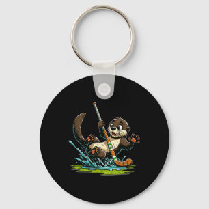 Cute Otter Playing Hockey Splashing On Pond Rink Key Ring