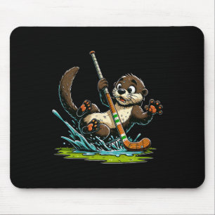 Cute Otter Playing Hockey Splashing On Pond Rink  Mouse Pad