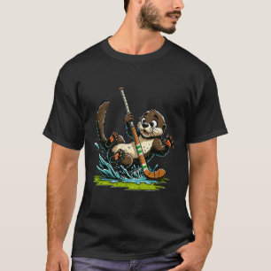 Cute Otter Playing Hockey Splashing On Pond Rink  T-Shirt