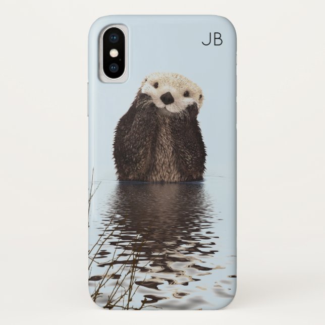 Cute Otter Standing in a Pond Holding his Face Case-Mate iPhone Case (Back)
