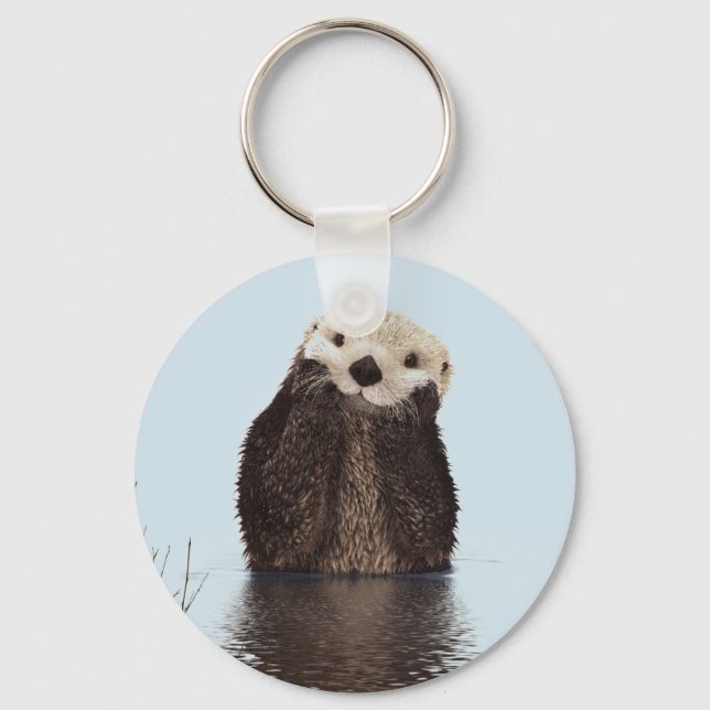 Cute Otter Standing in a Pond Holding his Face Key Ring (Front)