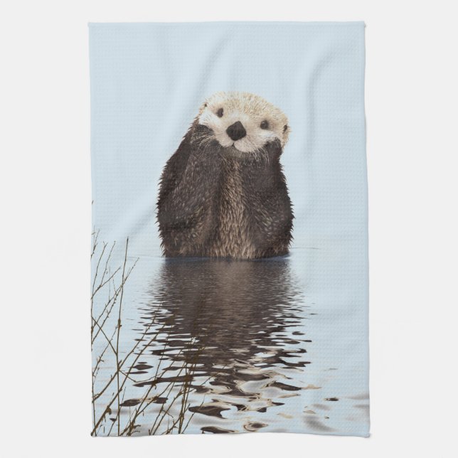 Cute Otter Standing in a Pond Holding his Face Tea Towel (Vertical)