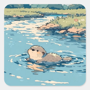 Cute Otter Swimming in Sunny River Square Sticker